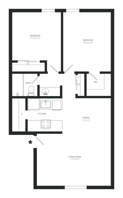 Floor plan for 2 beds, 1 bath, 813 sqft